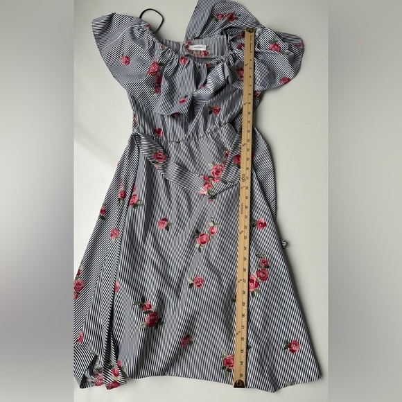 NWT Calvin Klein Striped Floral Embroidery Tie Waist Knee Length Dress Size 6 - Picture 7 of 11